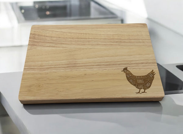 Rubber Wood Cutting Board with Chicken Butcher Cut Engraving