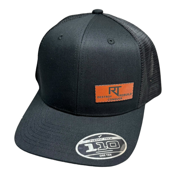 black hat with leather patch
