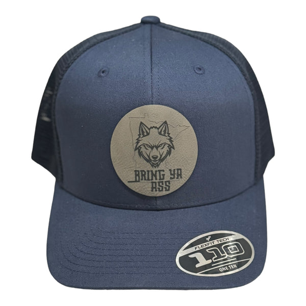 navy blue hat with circle leather patch 