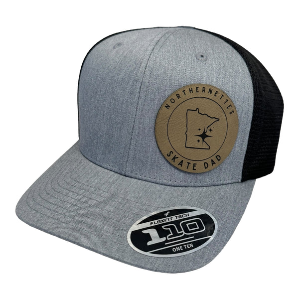 grey and black hat with circle leather patch 