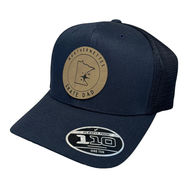 navy blue hat with circle leather patch 