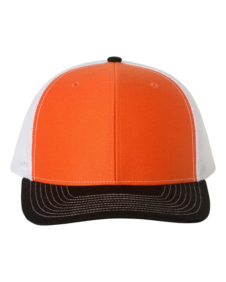 Orange, white, and black cap on a white background
