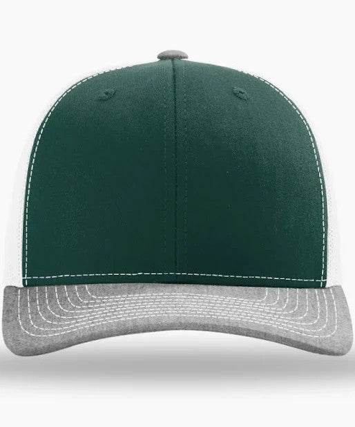 Green and gray cap with white stitching on a white background